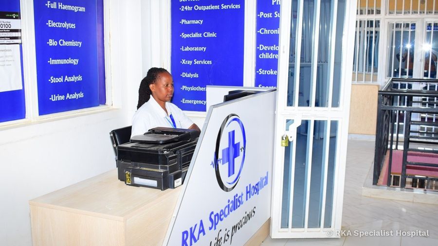 The front desk at RKA Specialist Hospital, with its list of services